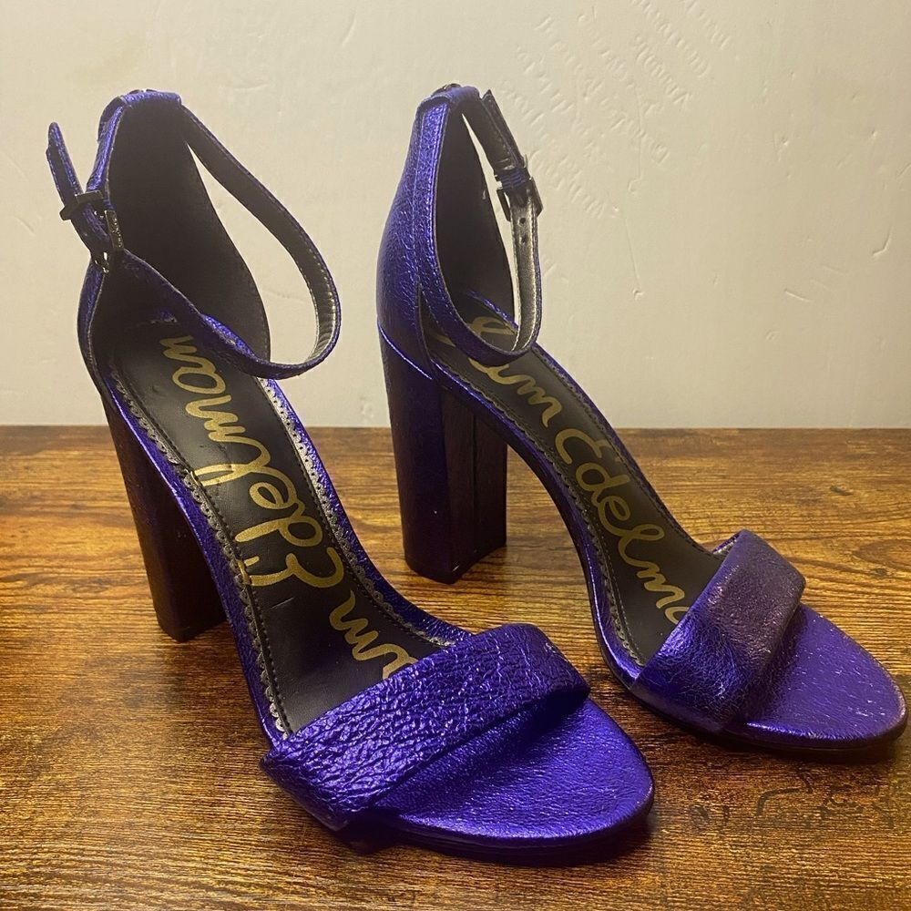 SAM EDELMAN Patti Wm’s Sz 7 Purple Metallic Ankle Strap 4” Chunk Heels Shoes